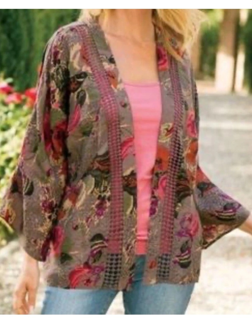 Soft Surroundings Overshirt Open Kimono Sleeve Floral Crinkle Fabric Size small